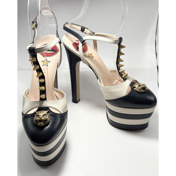 Gucci Angel Platform Heels Gold Spikes Leather White Stripes T Strap Sz 36 6 - Picture 1 of 15